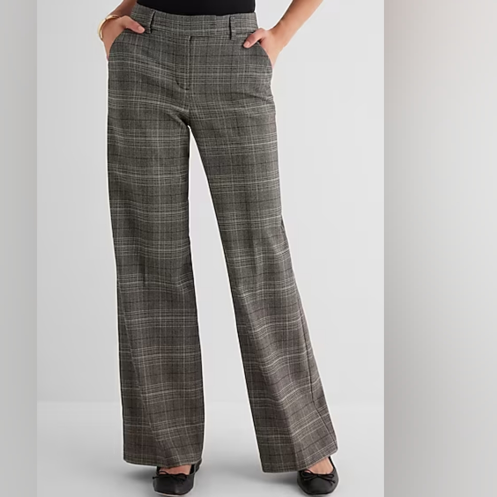 EXPRESS: Plaid Editor Mid-Rise Flare Trousers